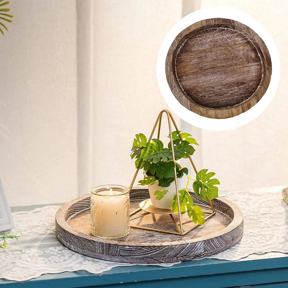 Round Wooden Tray - Thick Natural Wood for Tea & Food Display