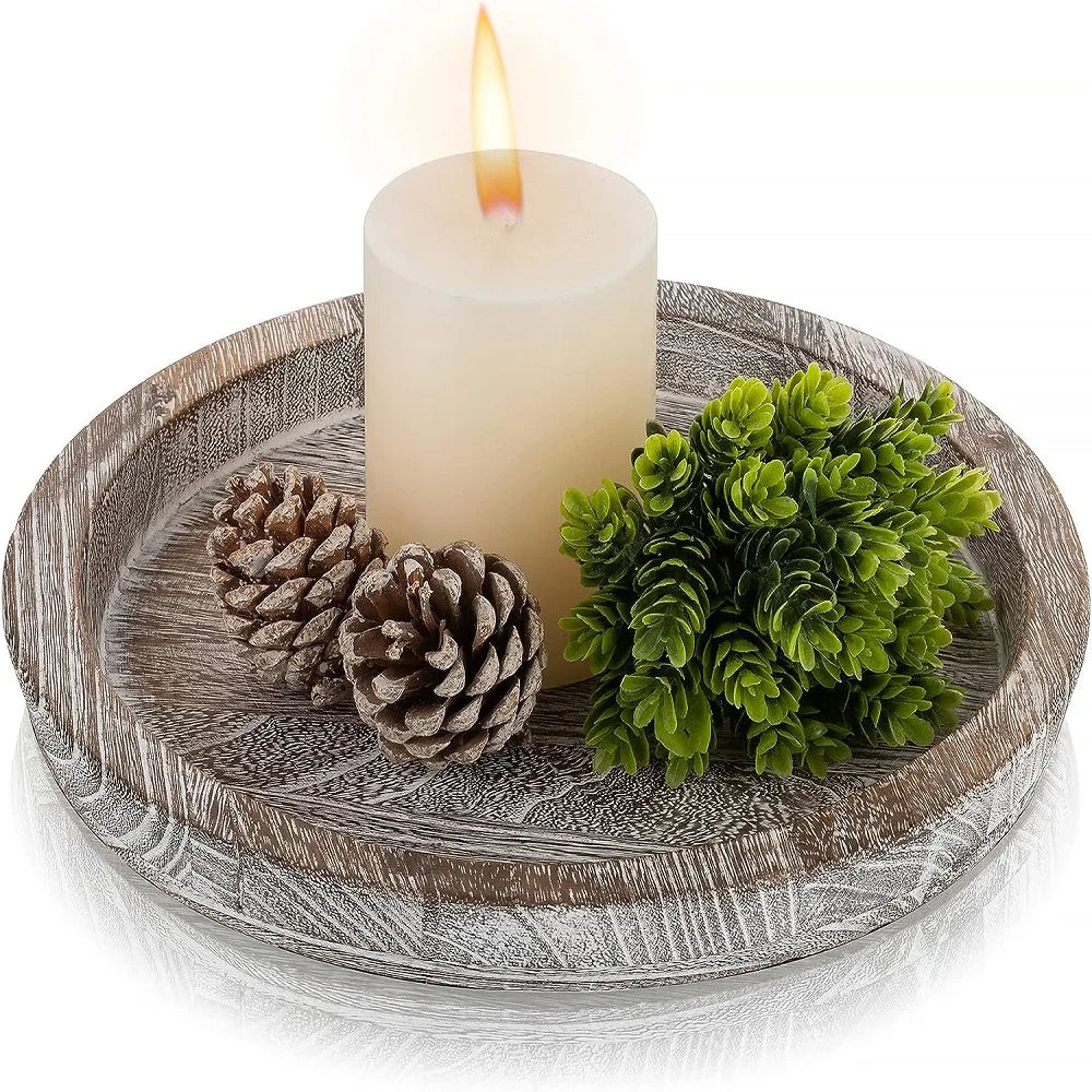 Round Wooden Tray - Thick Natural Wood for Tea & Food Display