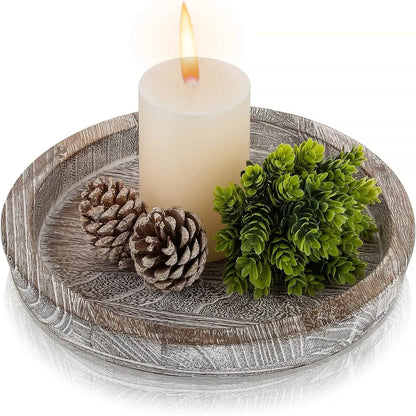 Round Wooden Tray - Thick Natural Wood for Tea & Food Display