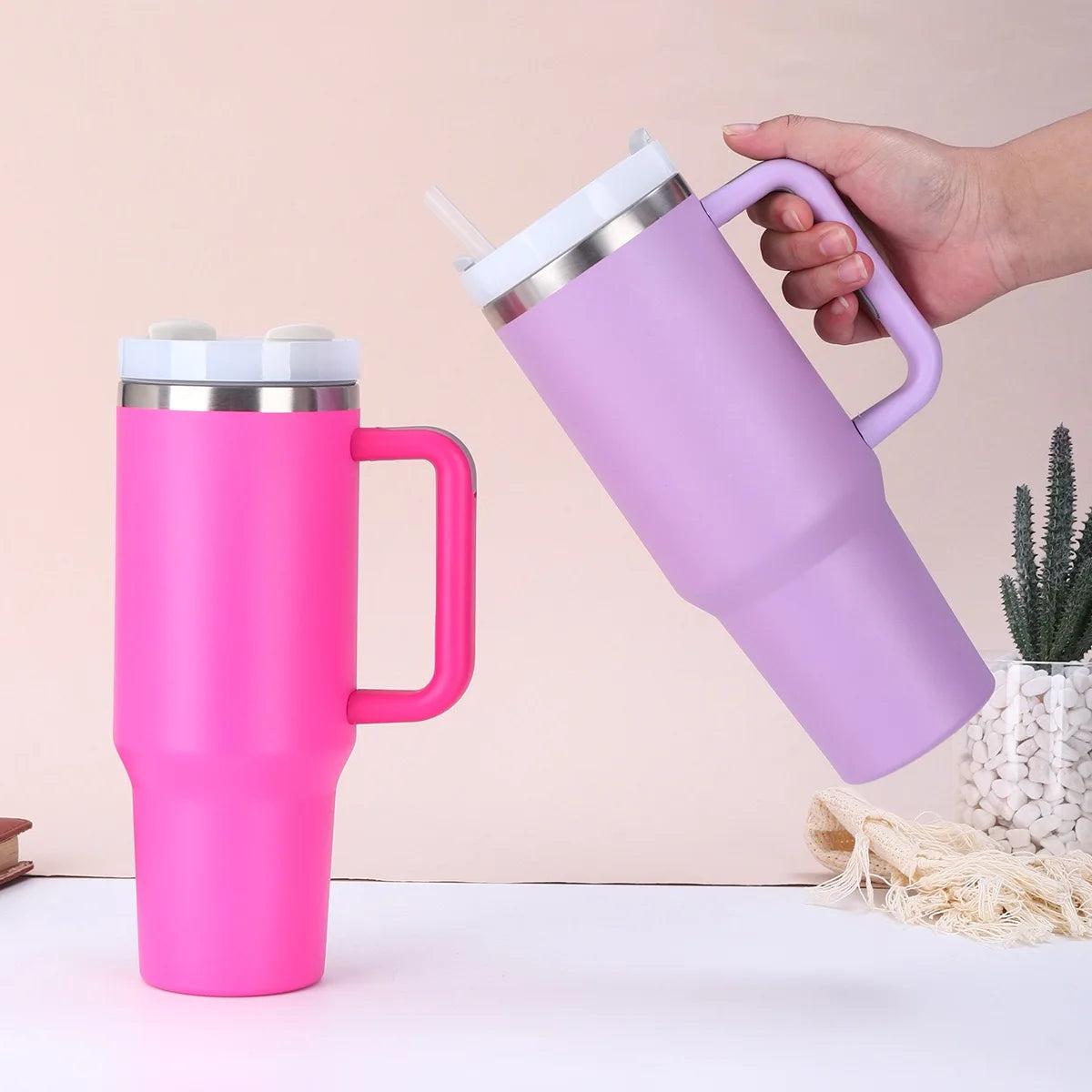40oz Stainless Steel Tumbler with Handle & Straw Lid
