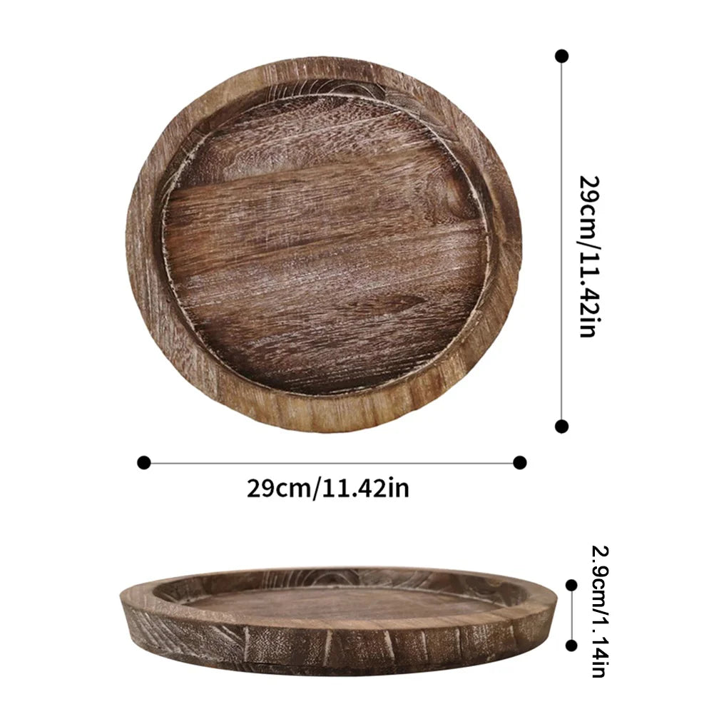 Round Wooden Tray - Thick Natural Wood for Tea & Food Display