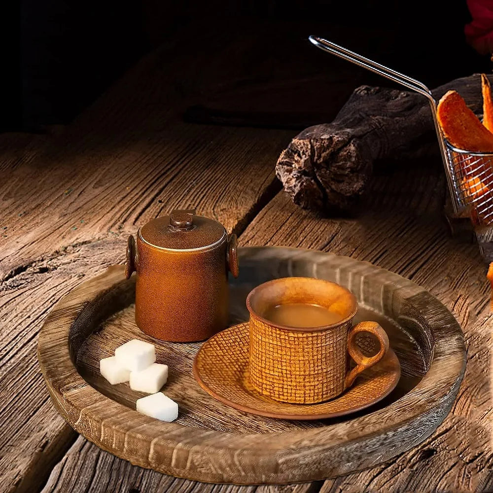 Round Wooden Tray - Thick Natural Wood for Tea & Food Display