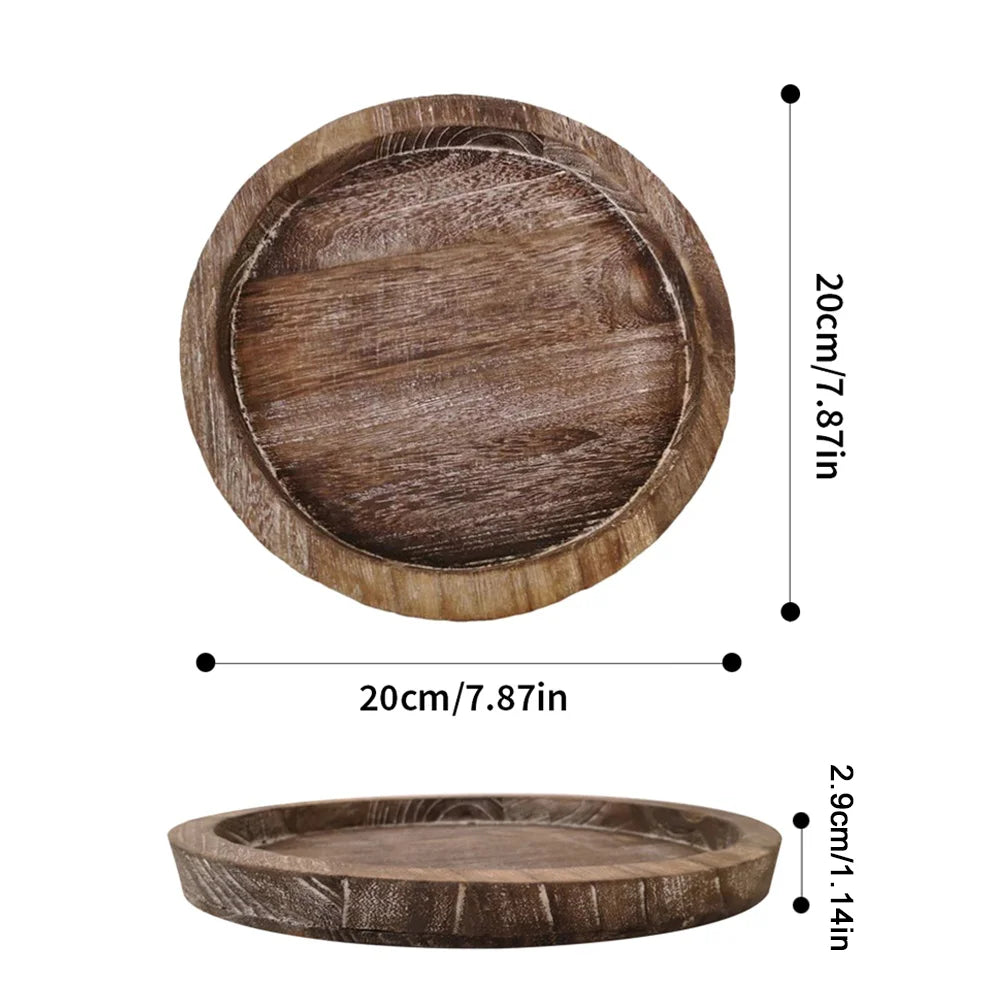 Round Wooden Tray - Thick Natural Wood for Tea & Food Display